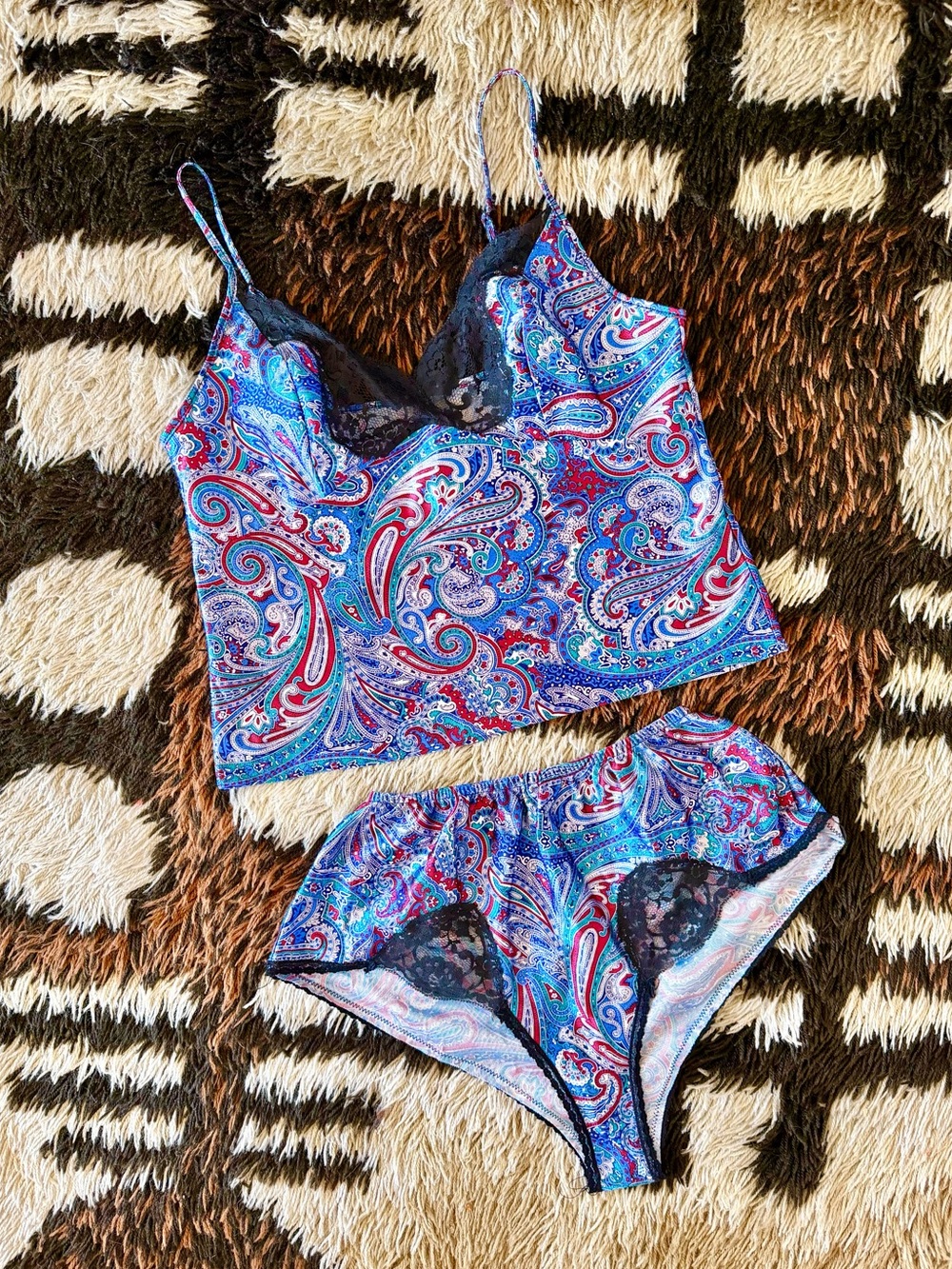 80s Vintage 🦋 Lady Cameo Dallas Paisley Satin Lacy Brief & Sleep Tank Set